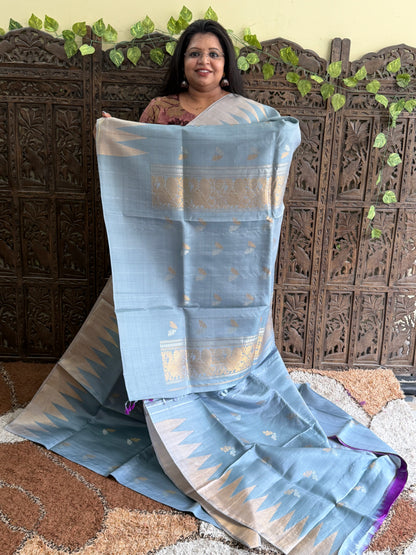 Gray Gadwal Silk Saree with Gold Zari Border — Pure Handloom | Silk Mark Certified