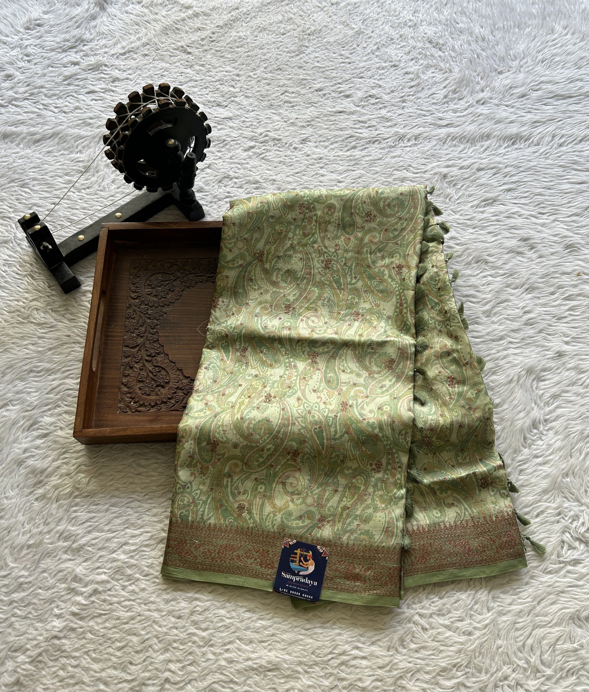 Pure Tussar Silk Saree Light Green Color Complemented with a Zari Border. - Sampradaya Designer Studio