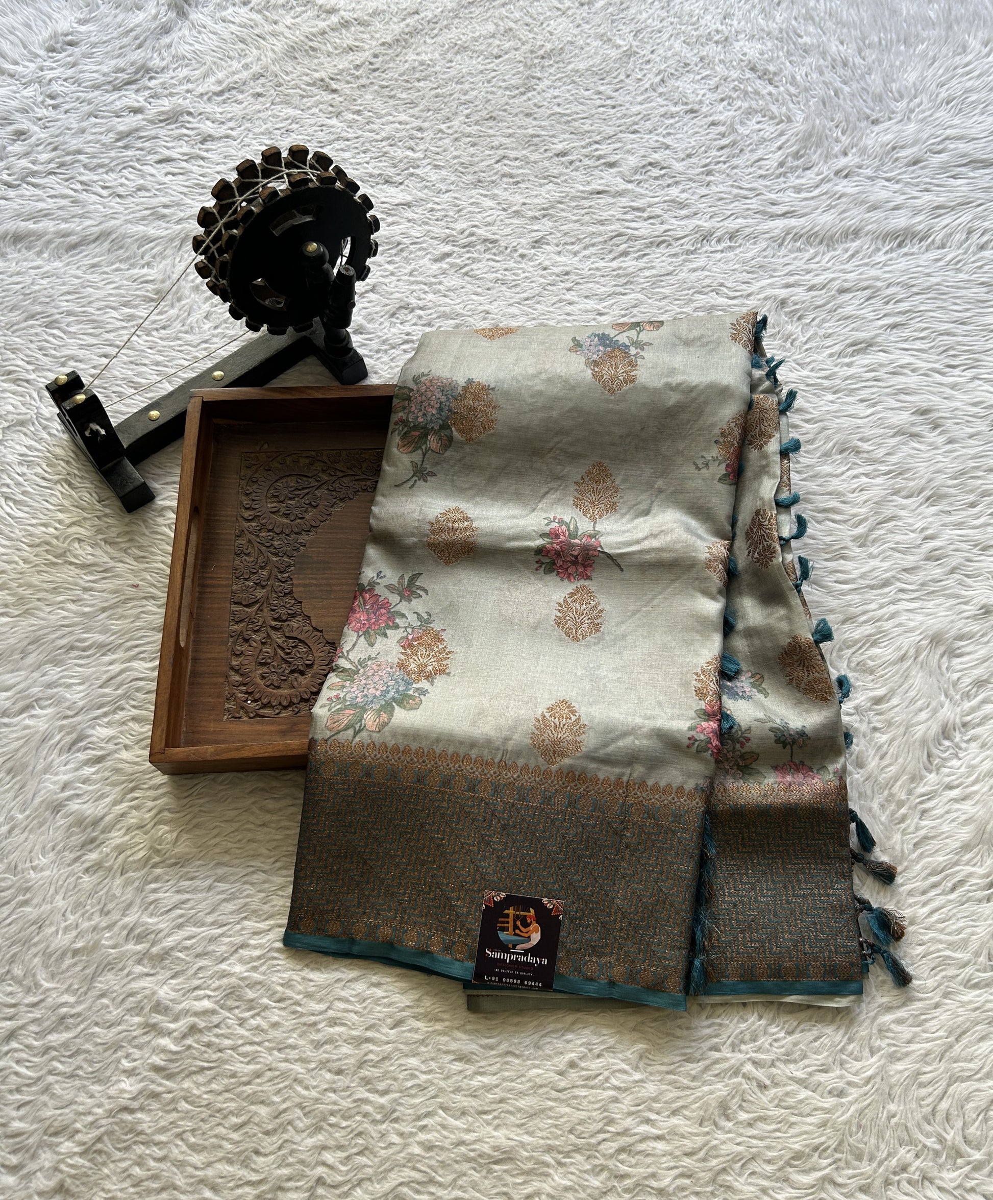 Pure Tussar Silk Saree Light Teal Blue Color Complemented with a Zari Border. - Sampradaya Designer Studio