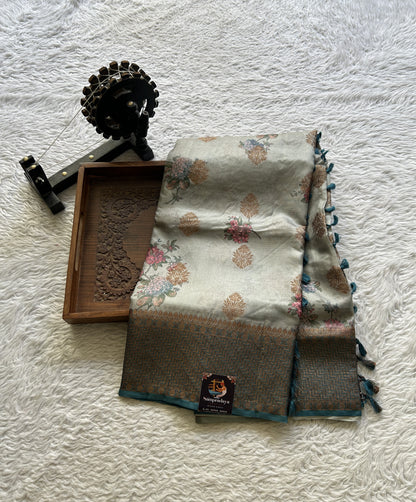 Pure Tussar Silk Saree Light Teal Blue Color Complemented with a Zari Border. - Sampradaya Designer Studio