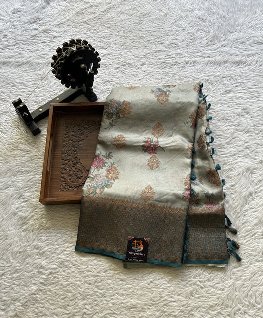 Pure Tussar Silk Saree Light Teal Blue Color Complemented with a Zari Border. - Sampradaya Designer Studio