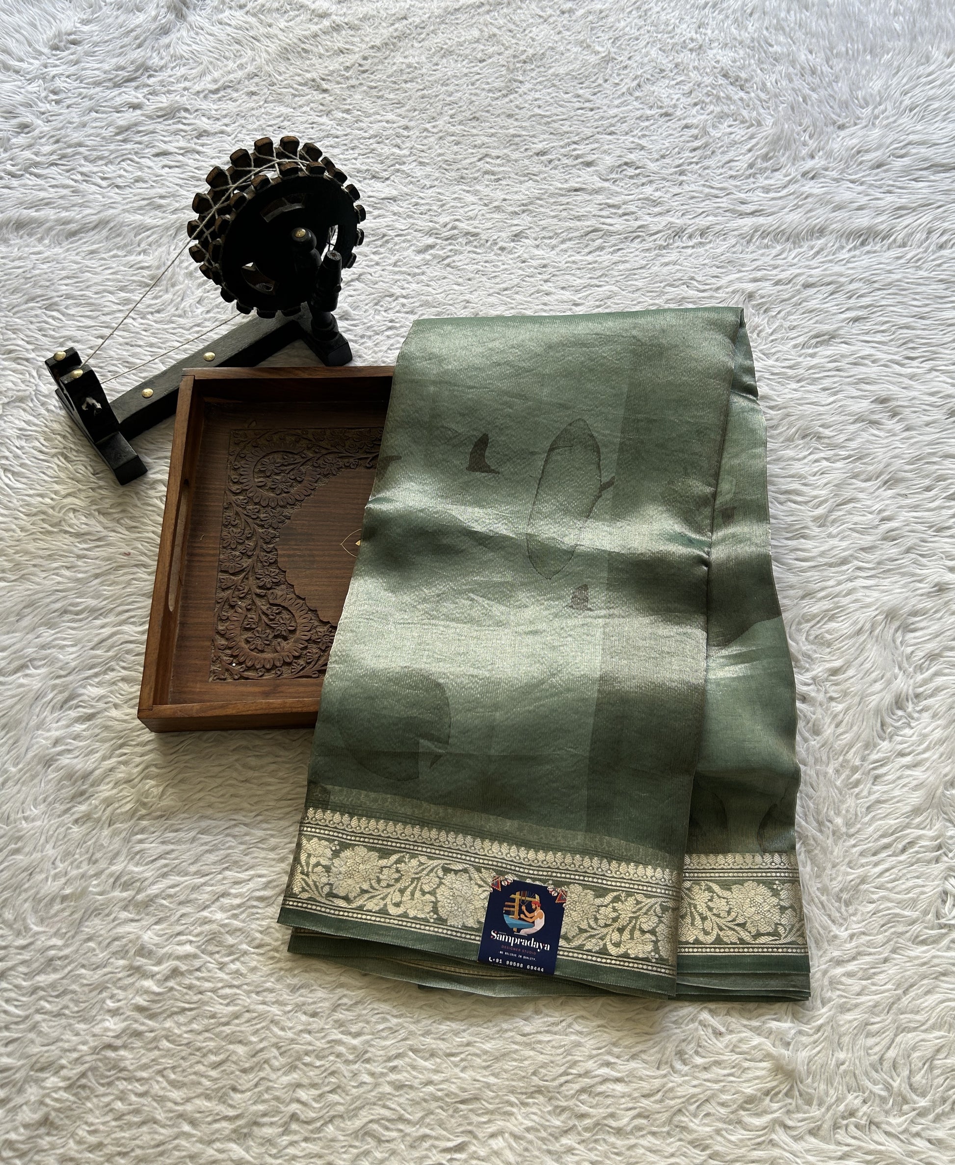 Banarasi Tissue Kora Saree Teal Green Colored Complemented with a Zari Border. - Sampradaya Designer Studio