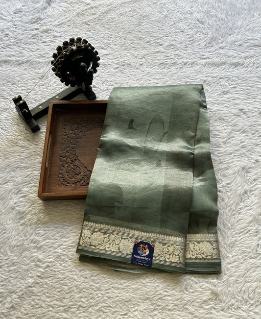 Banarasi Tissue Kora Saree Teal Green Colored Complemented with a Zari Border. - Sampradaya Designer Studio