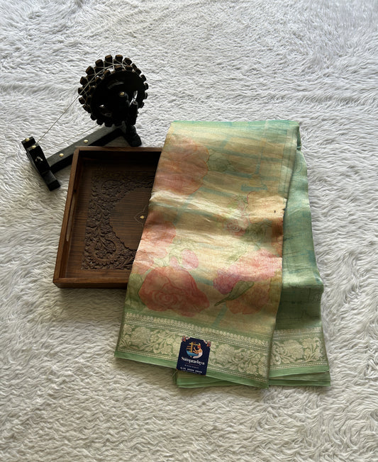 Banarasi Tissue Kora Saree Pastel Green Colored Complemented with a Zari Border. - Sampradaya Designer Studio