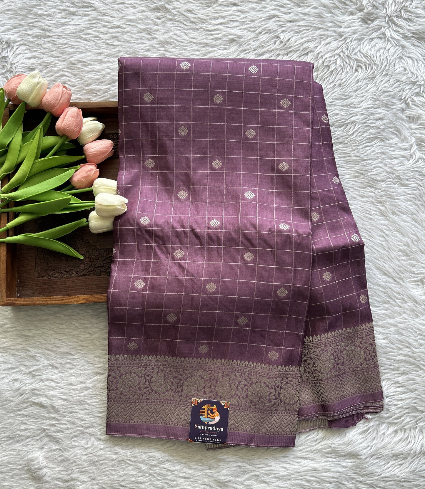 Semi Georgette Saree Lavender Colored Complemented with a Zari Border. - Sampradaya Designer Studio