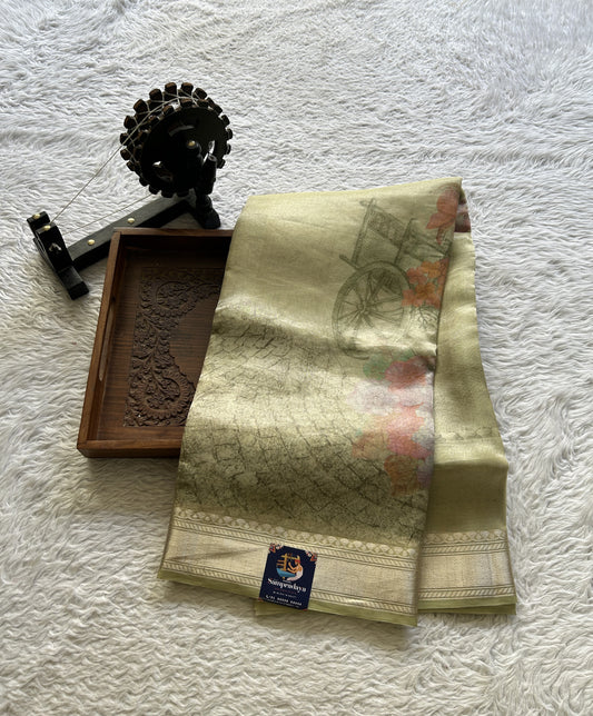 Banarasi Tissue Kora Saree Lime Colored Complemented with a Zari Border. - Sampradaya Designer Studio
