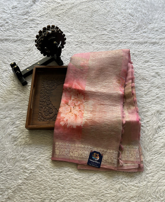 Banarasi Crushed Silk Saree Pink Colored Complemented with a Zari border. - Sampradaya Designer Studio