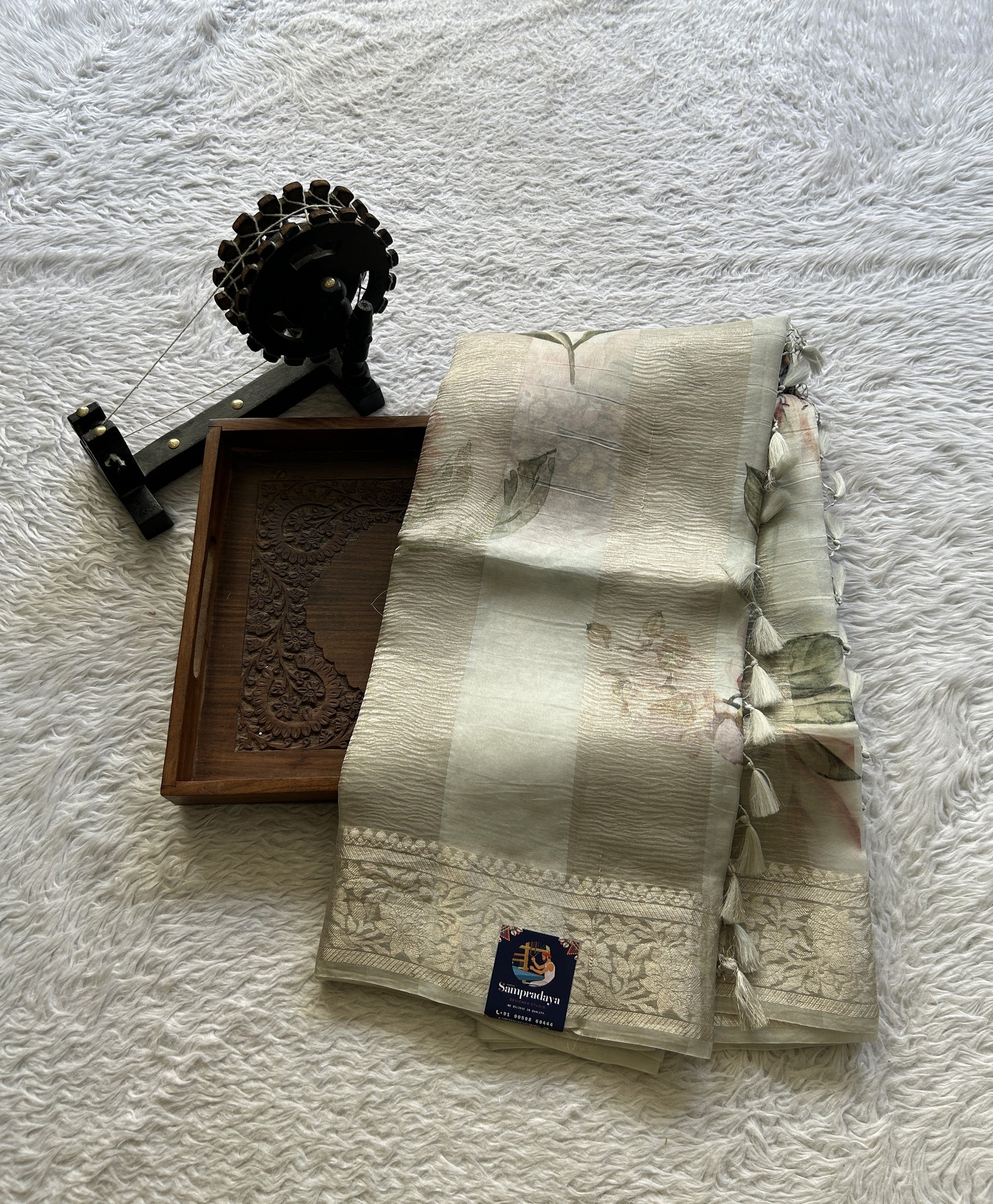 Banarasi Crushed Silk Saree Very Light Gray Colored Complemented with a Zari border. - Sampradaya Designer Studio