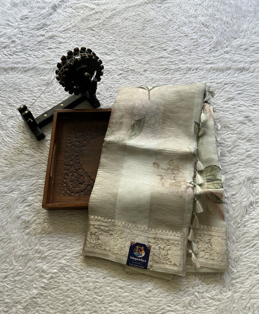 Banarasi Crushed Silk Saree Very Light Gray Colored Complemented with a Zari border. - Sampradaya Designer Studio