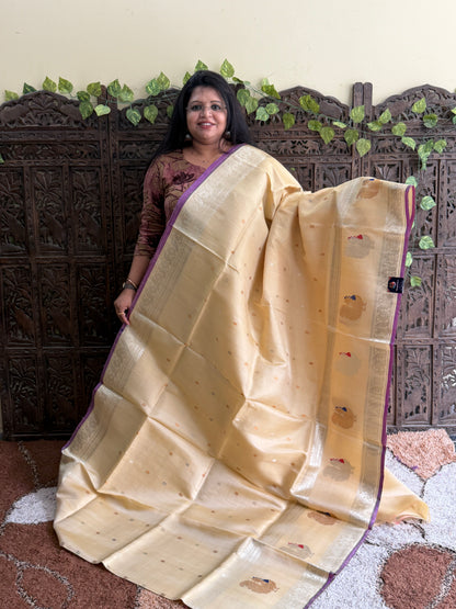 Off White Gadwal Silk Saree with Gold Zari Border — Pure Handloom | Silk Mark Certified
