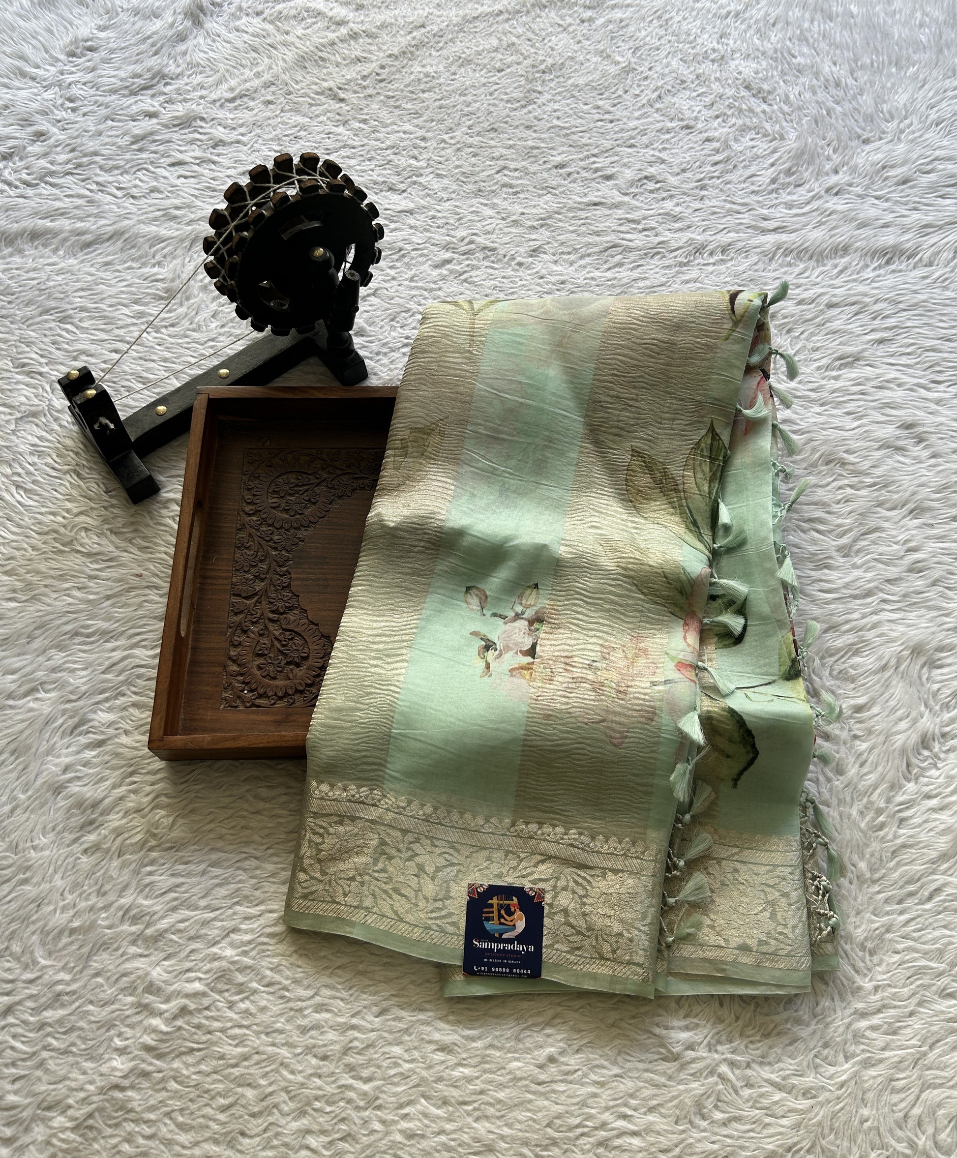 Banarasi Crushed Silk Saree Sea Blue Colored Complemented with a Zari border. - Sampradaya Designer Studio