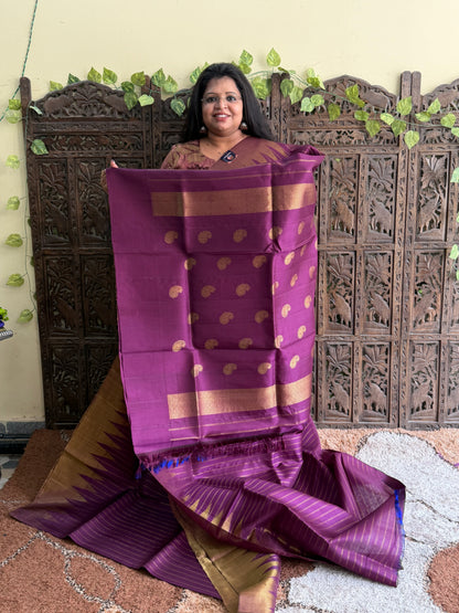Wine Gadwal Silk Saree with Gold Zari Border — Pure Handloom | Silk Mark Certified