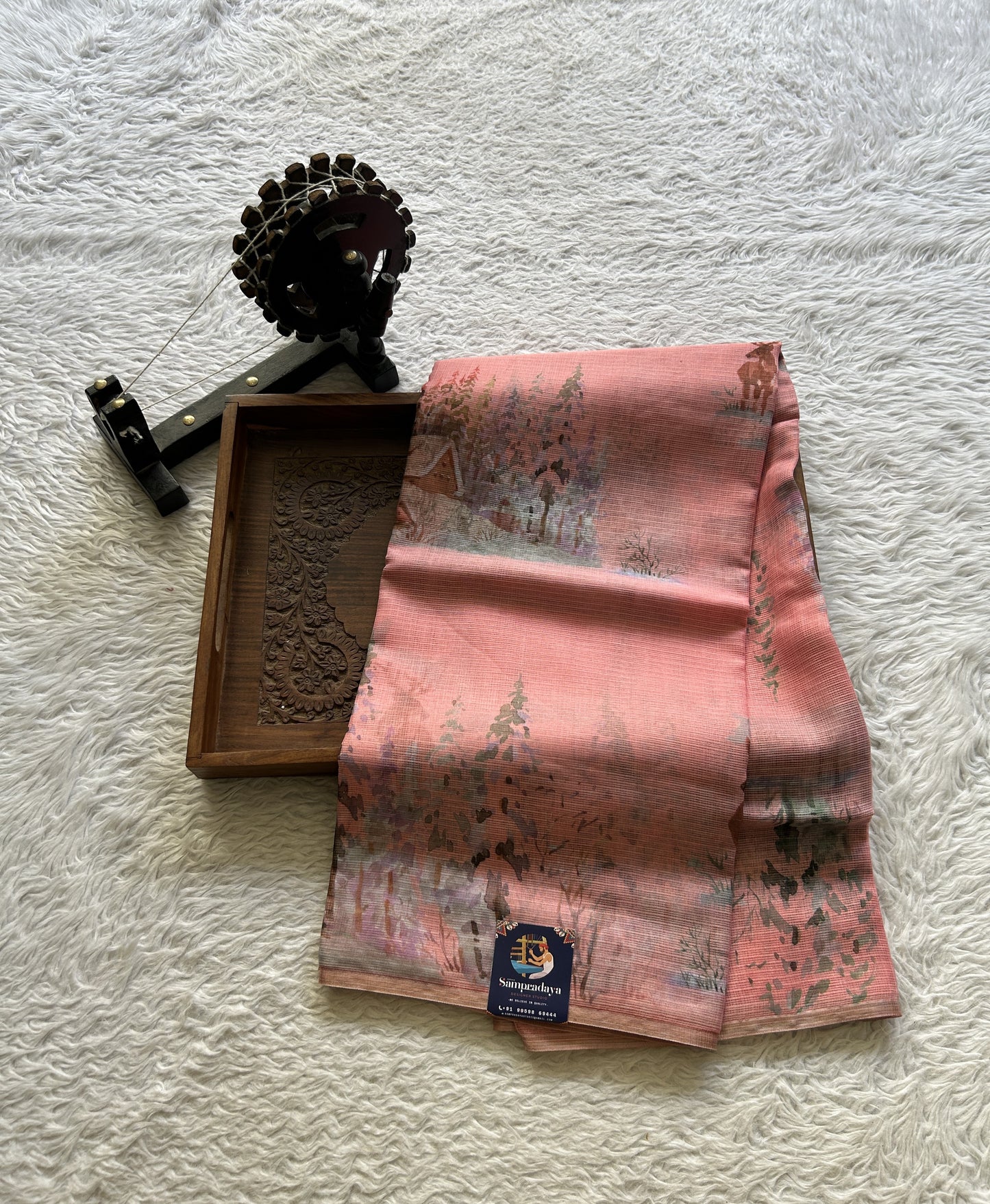 Cotton Kota Saree Peach Colored Complemented with a Borderless. - Sampradaya Designer Studio