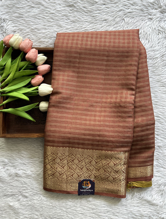 Semi Georgette Saree Light Brown Colored Complemented with a Zari Border. - Sampradaya Designer Studio