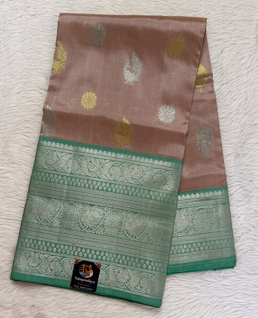 Venkatagiri Pattu Saree Beige Colored Complemented With a Pattu Sea Green Silver Kanchi Border - Sampradaya Designer Studio