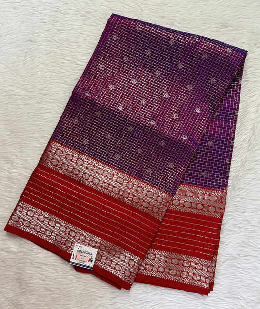 Venkatagiri Pattu Saree Purple Colored Complemented With a Pattu Red Silver Kanchi Border - Sampradaya Designer Studio