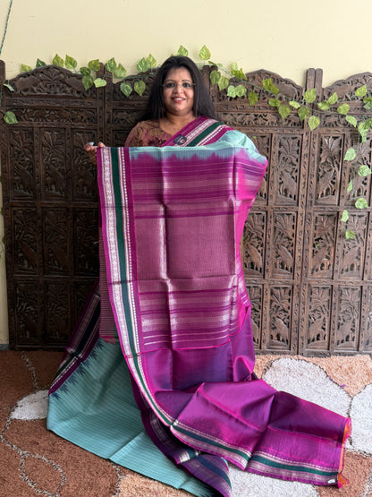 Sea Green Gadwal Silk Saree with Gold Zari Border — Pure Handloom | Silk Mark Certified