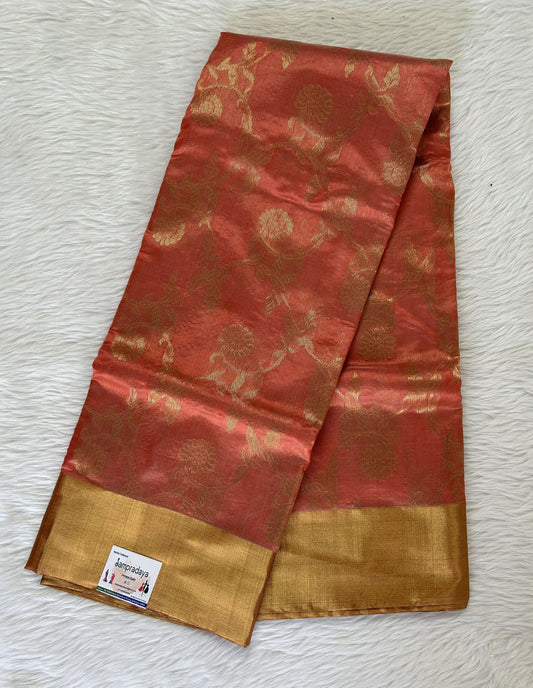 Chanderi Pattu Saree Pastel Orange colored saree complemented with a Gold Zari border - Sampradaya Designer Studio
