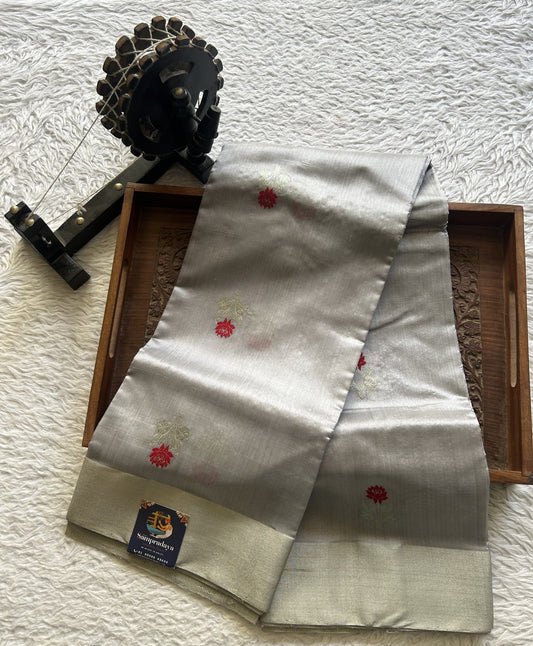 Chanderi Silk Saree scarlet Dave Gray color Elegantly Paired with a Silver Zari Border