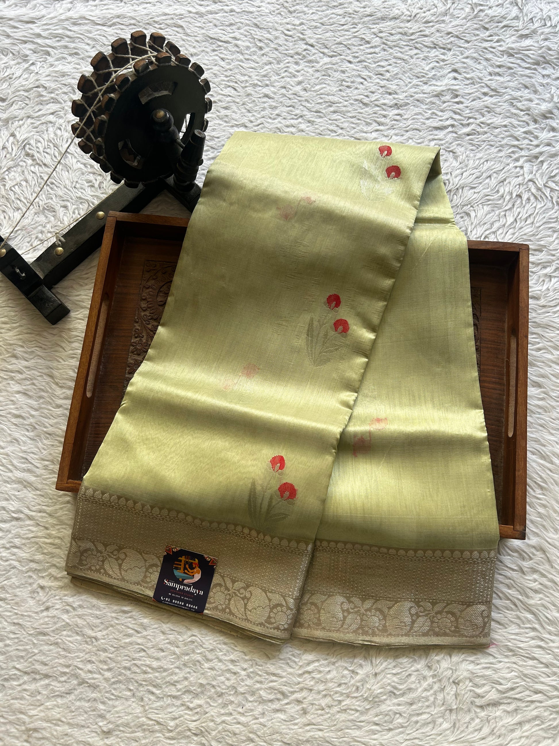 Chanderi Silk Saree scarlet Pista Green color Elegantly Paired with a Silver Zari Border - Sampradaya Designer Studio