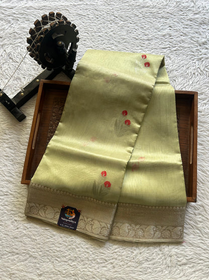 Chanderi Silk Saree scarlet Pista Green color Elegantly Paired with a Silver Zari Border - Sampradaya Designer Studio