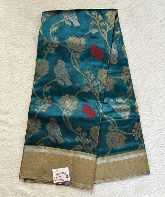 Chanderi Pattu Saree Teal Blue colored saree complemented with a Gold Zari border - Sampradaya Designer Studio