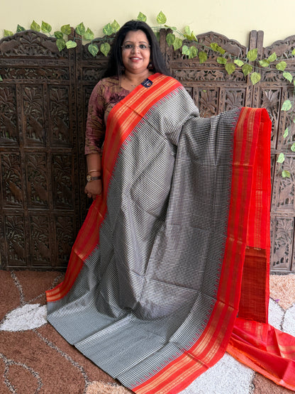 Beige and Black Gadwal Silk Saree with Gold Zari Border — Pure Handloom | Silk Mark Certified