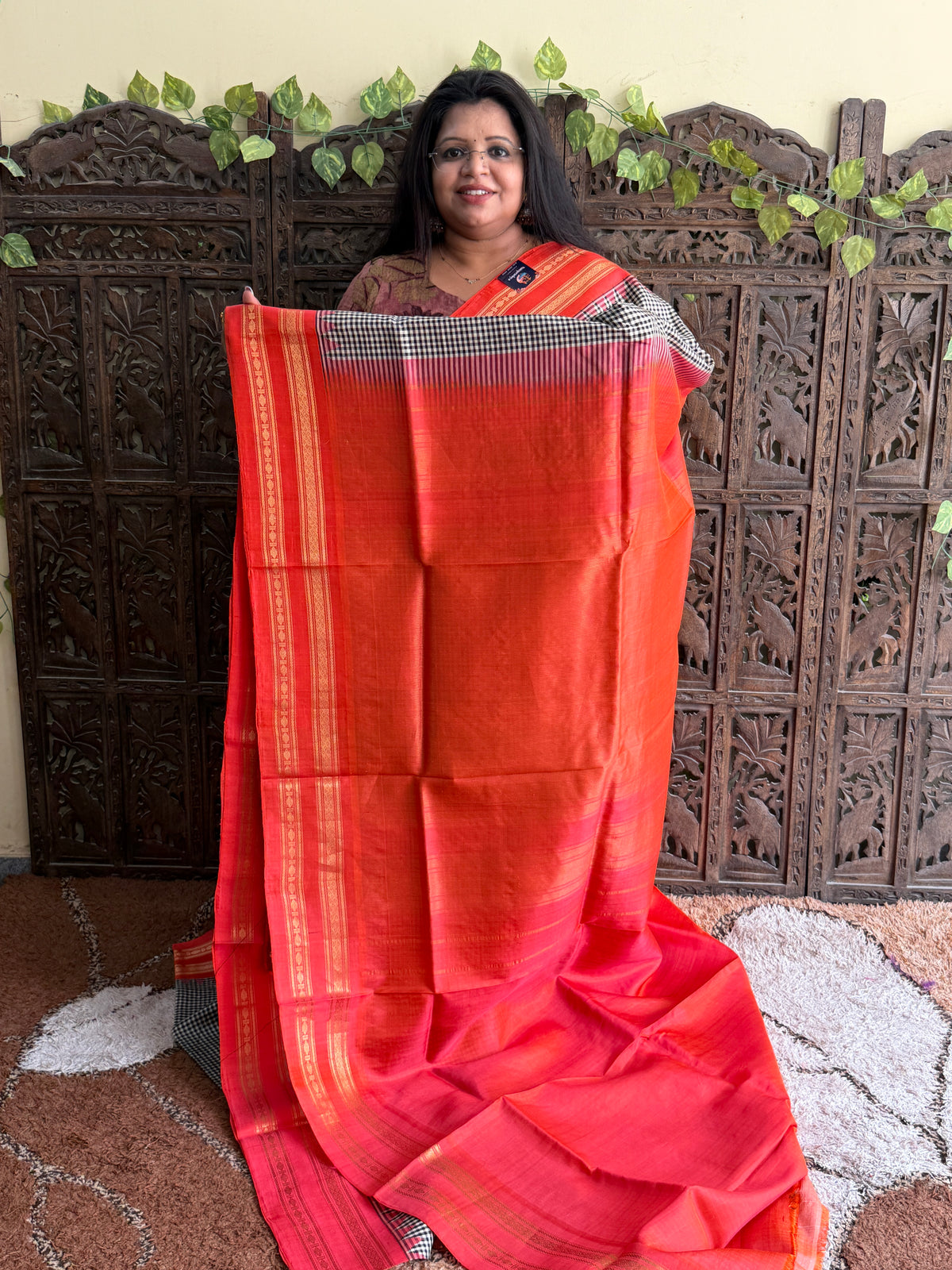 Beige and Black Gadwal Silk Saree with Gold Zari Border — Pure Handloom | Silk Mark Certified