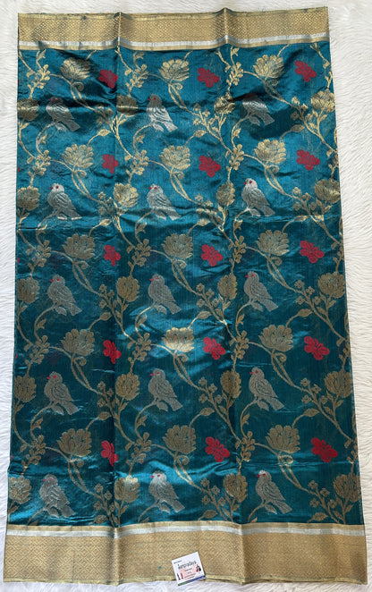 Chanderi Pattu Saree Teal Blue colored saree complemented with a Gold Zari border - Sampradaya Designer Studio