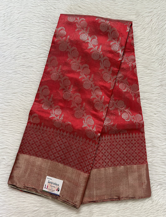 Chanderi Pattu Saree Peach colored saree complemented with a Silver Zari border - Sampradaya Designer Studio