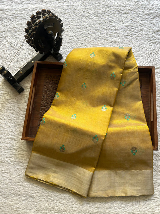 Chanderi Tissue Saree  Amber color Elegantly Paired with a Silver Zari Border