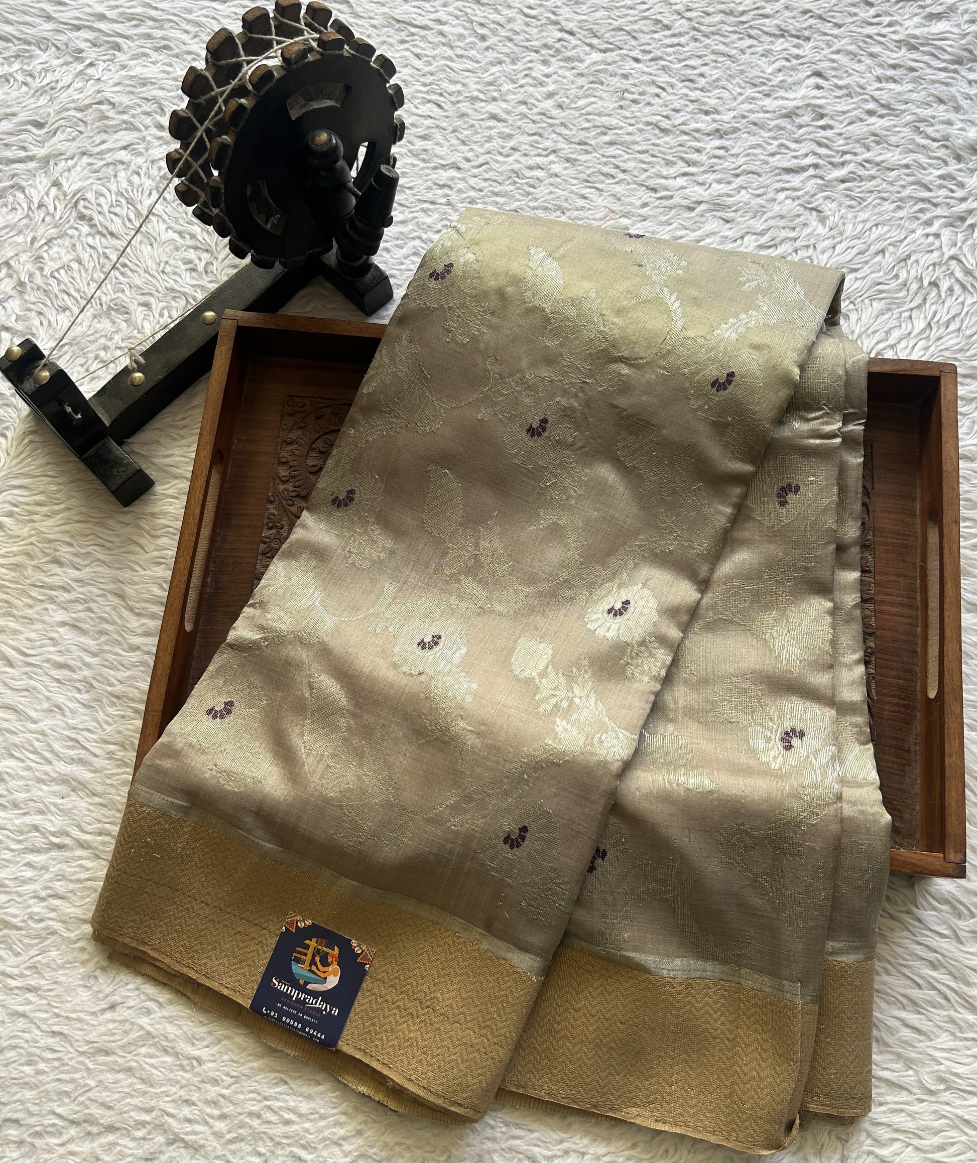 Chanderi Silk Saree Davy Gray color Elegantly Paired with a Silver Zari Gold border - Sampradaya Designer Studio