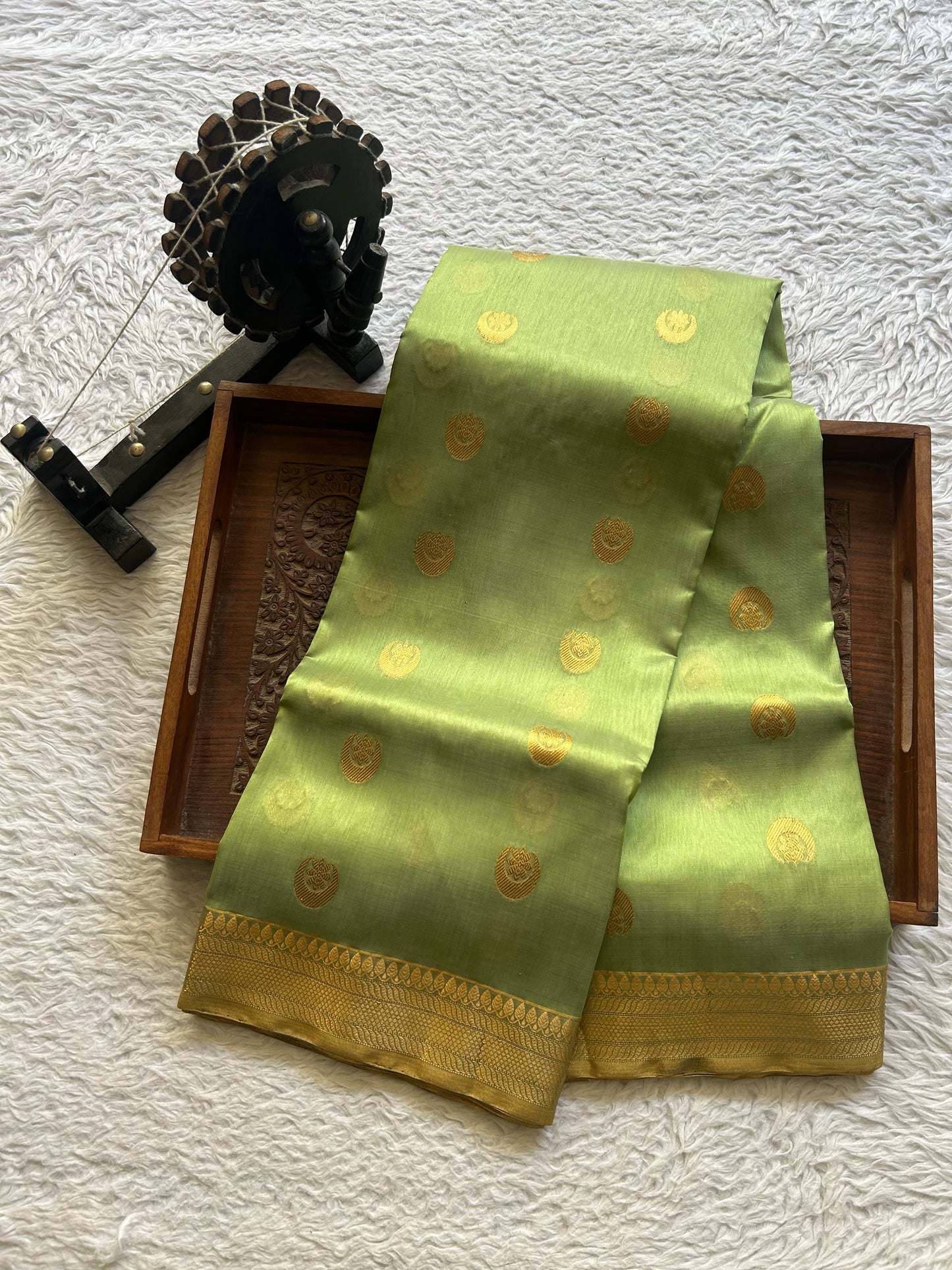 Chanderi Silk Saree Mint Green color Elegantly Paired with a Gold Zari Border - Sampradaya Designer Studio