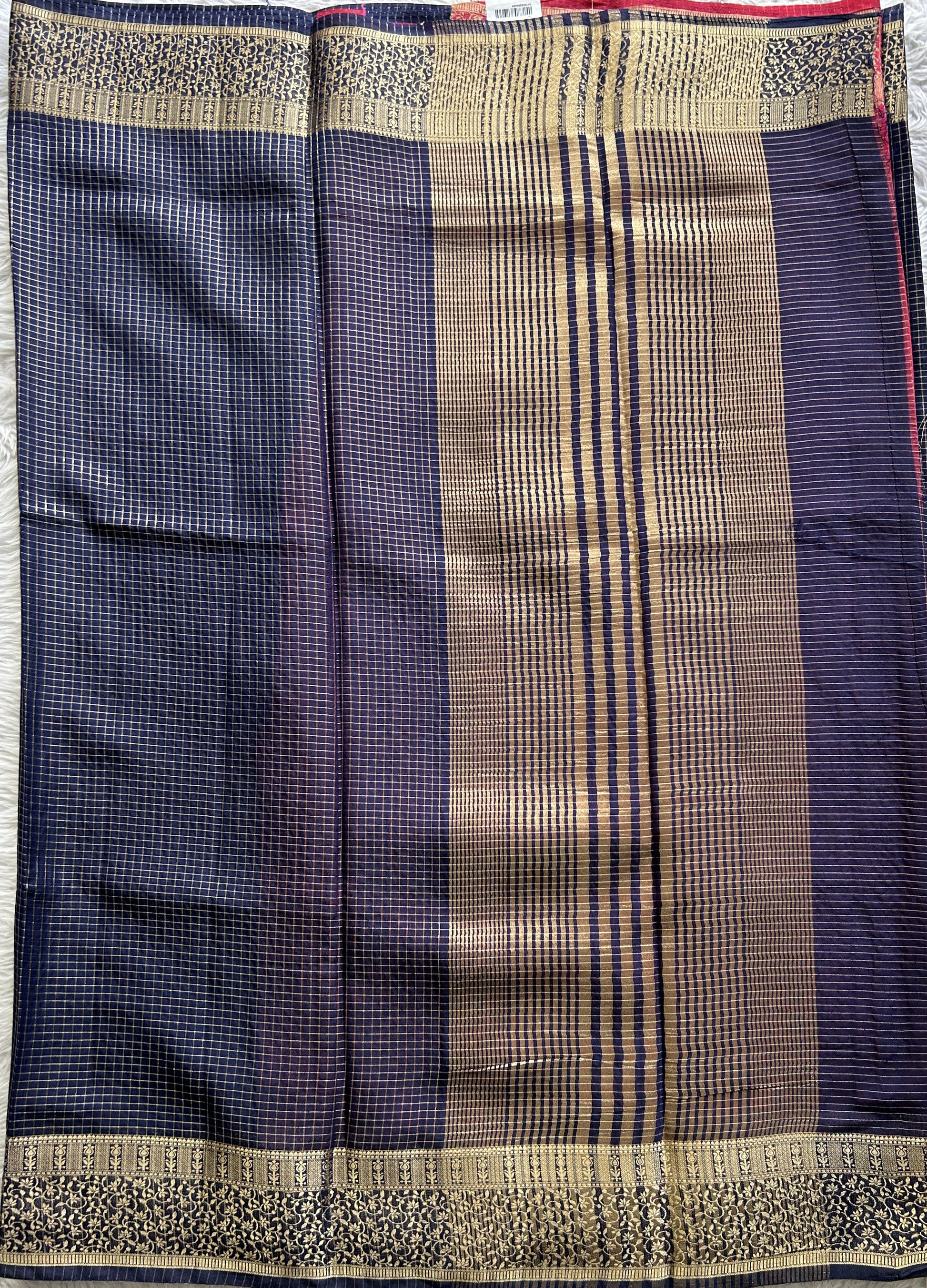 Semi Georgette Saree Navy Blue Colored Complemented with a Zari Border. - Sampradaya Designer Studio