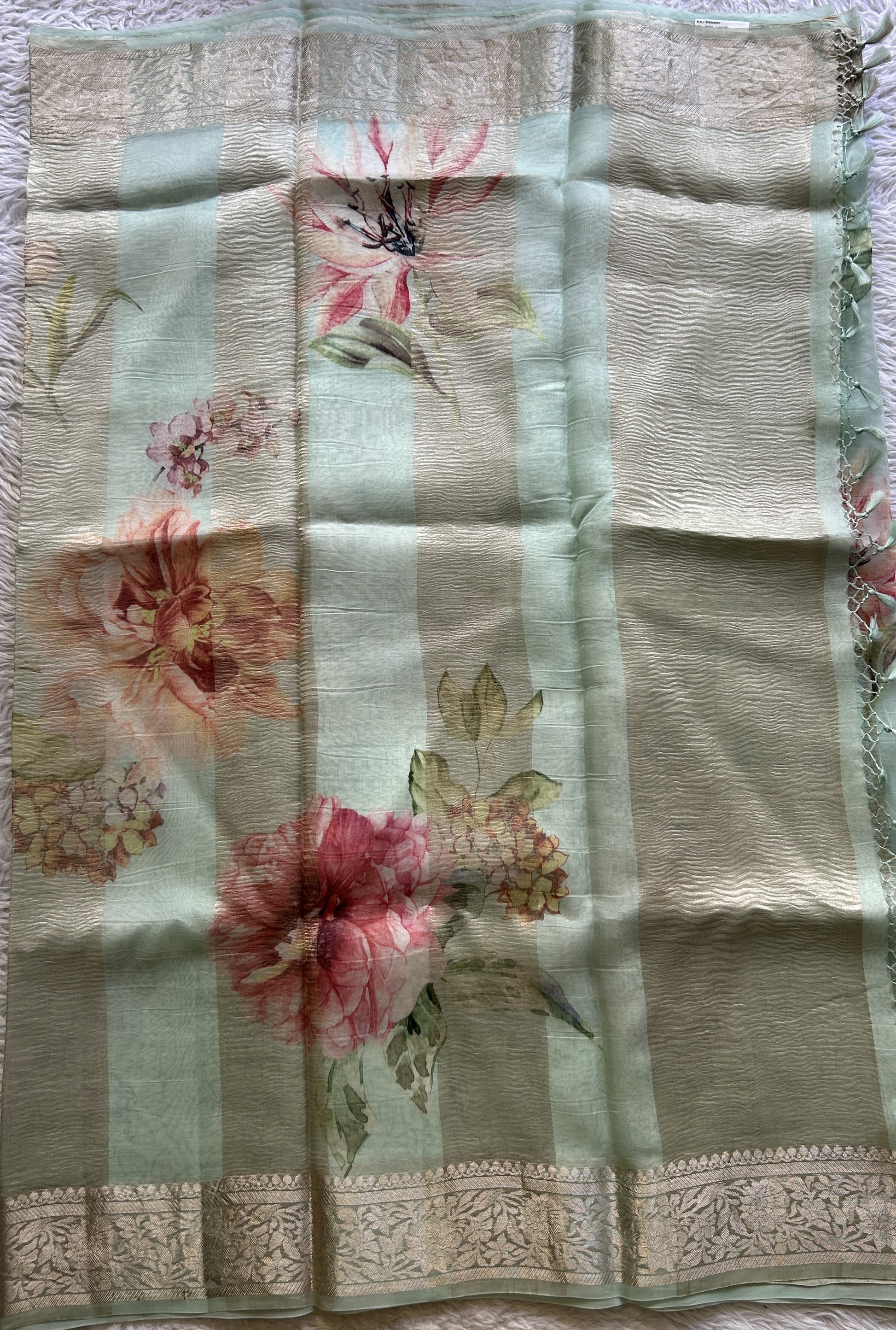 Banarasi Crushed Silk Saree Sea Blue Colored Complemented with a Zari border. - Sampradaya Designer Studio