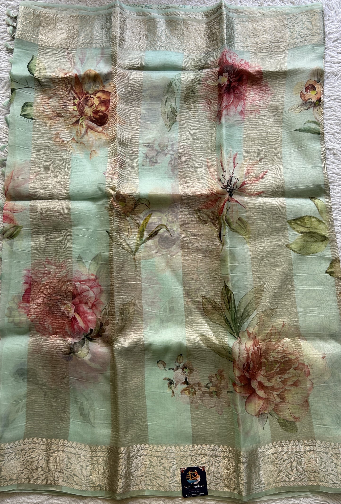 Banarasi Crushed Silk Saree Sea Blue Colored Complemented with a Zari border. - Sampradaya Designer Studio