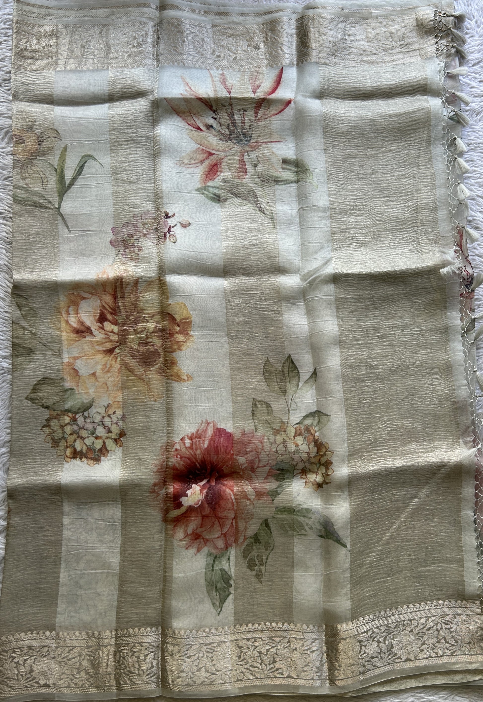 Banarasi Crushed Silk Saree Very Light Gray Colored Complemented with a Zari border. - Sampradaya Designer Studio