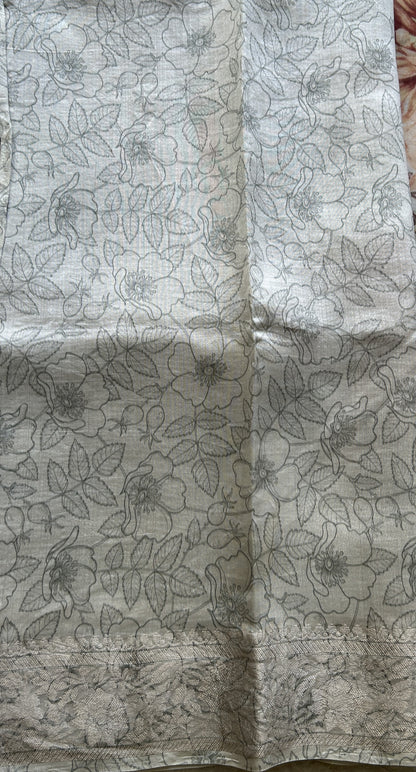 Banarasi Crushed Silk Saree Very Light Gray Colored Complemented with a Zari border. - Sampradaya Designer Studio