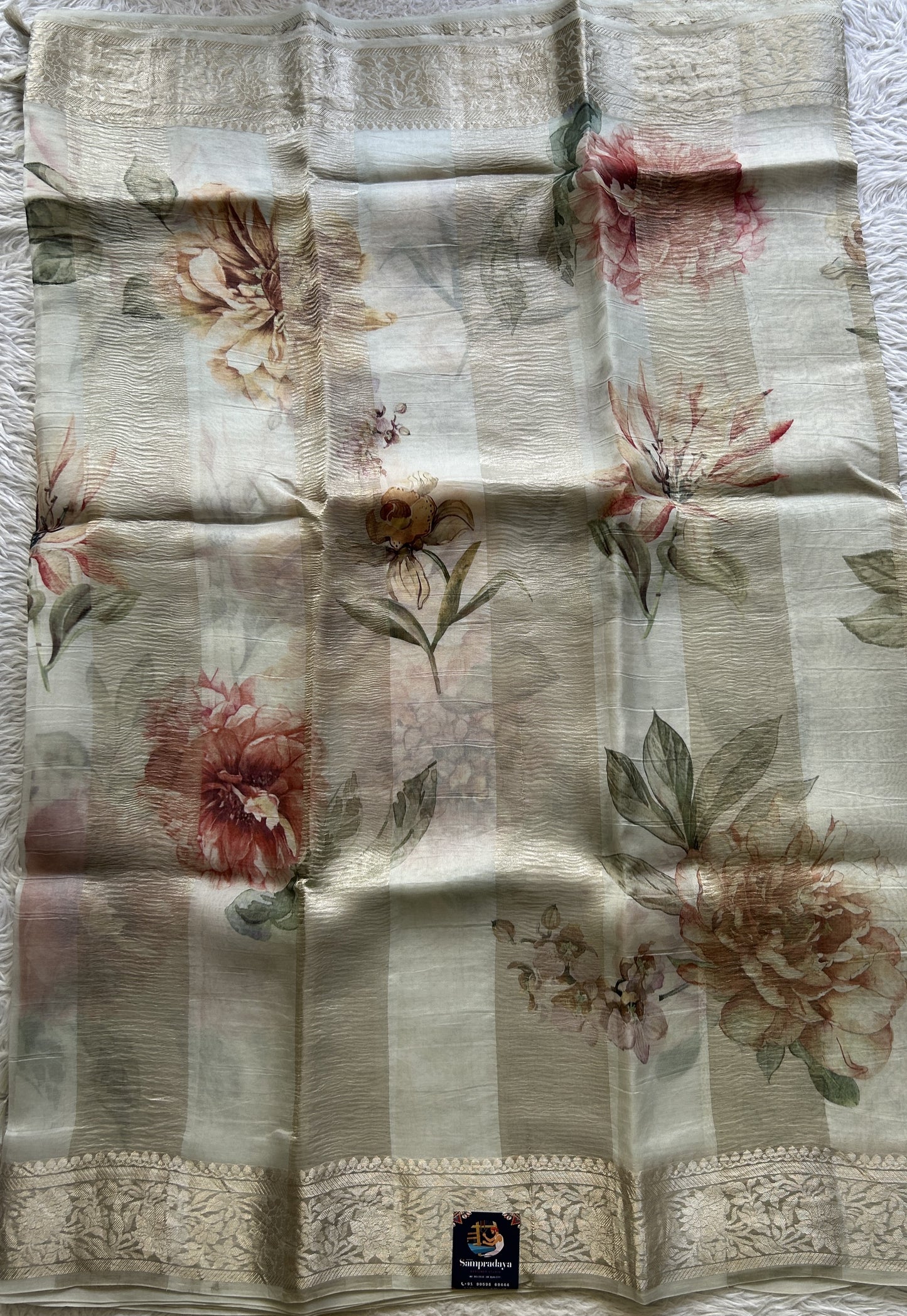 Banarasi Crushed Silk Saree Very Light Gray Colored Complemented with a Zari border. - Sampradaya Designer Studio