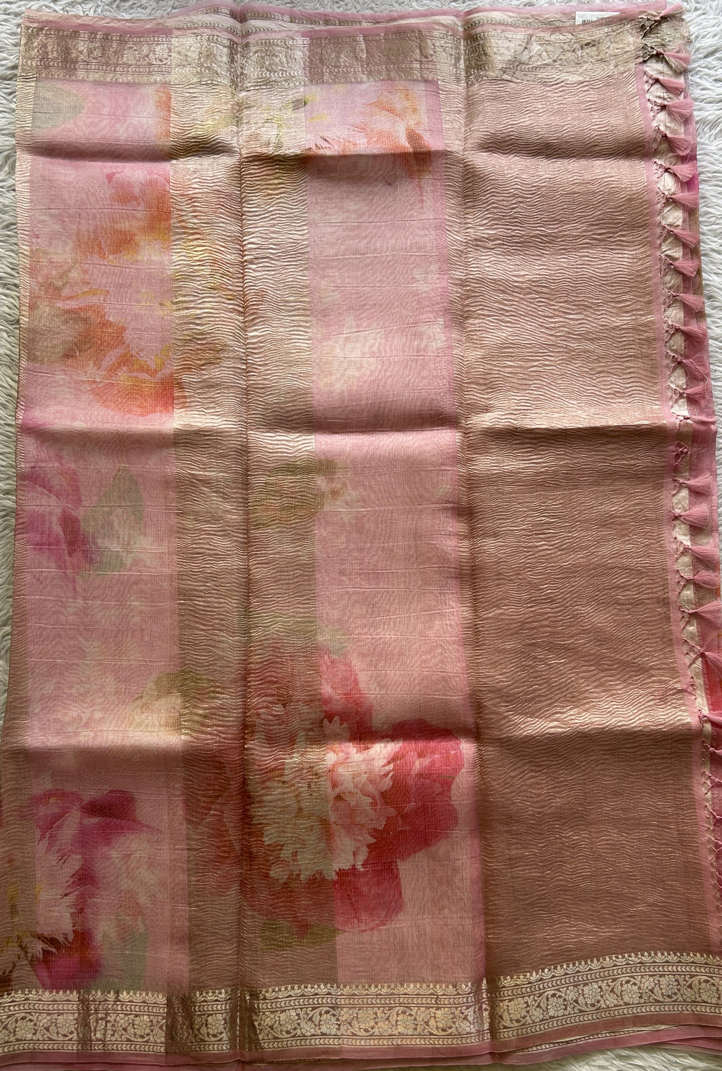 Banarasi Crushed Silk Saree Pink Colored Complemented with a Zari border. - Sampradaya Designer Studio