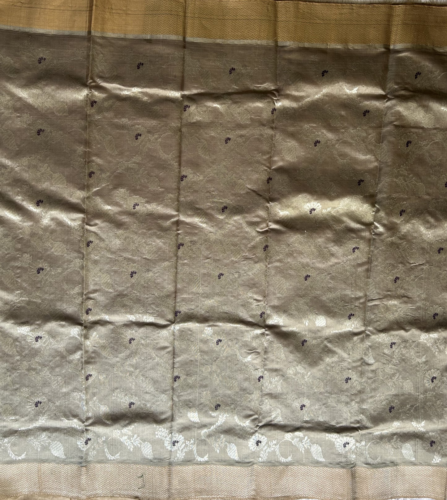 Chanderi Silk Saree Davy Gray color Elegantly Paired with a Silver Zari Gold border - Sampradaya Designer Studio