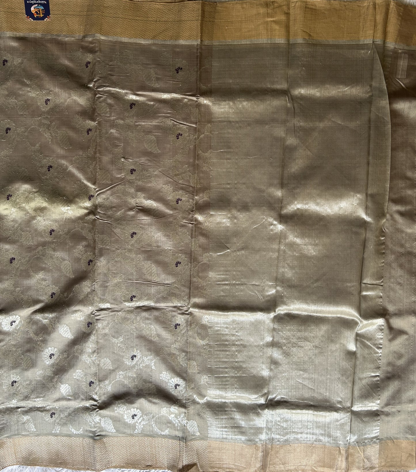 Chanderi Silk Saree Davy Gray color Elegantly Paired with a Silver Zari Gold border - Sampradaya Designer Studio