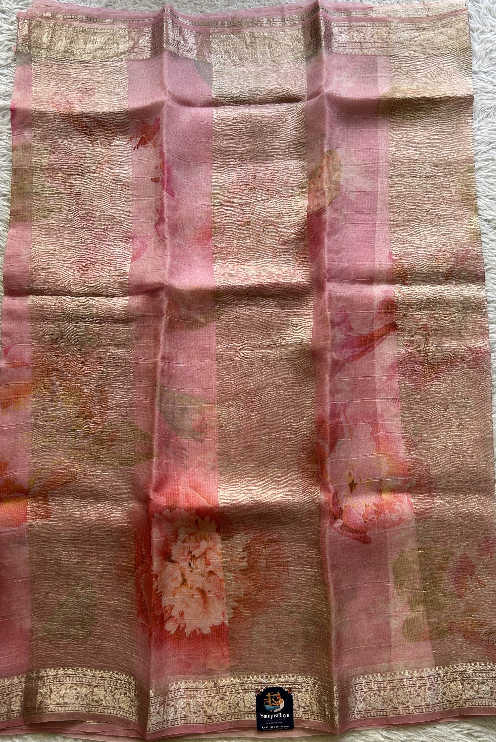 Banarasi Crushed Silk Saree Pink Colored Complemented with a Zari border. - Sampradaya Designer Studio