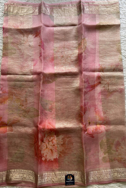 Banarasi Crushed Silk Saree Pink Colored Complemented with a Zari border. - Sampradaya Designer Studio