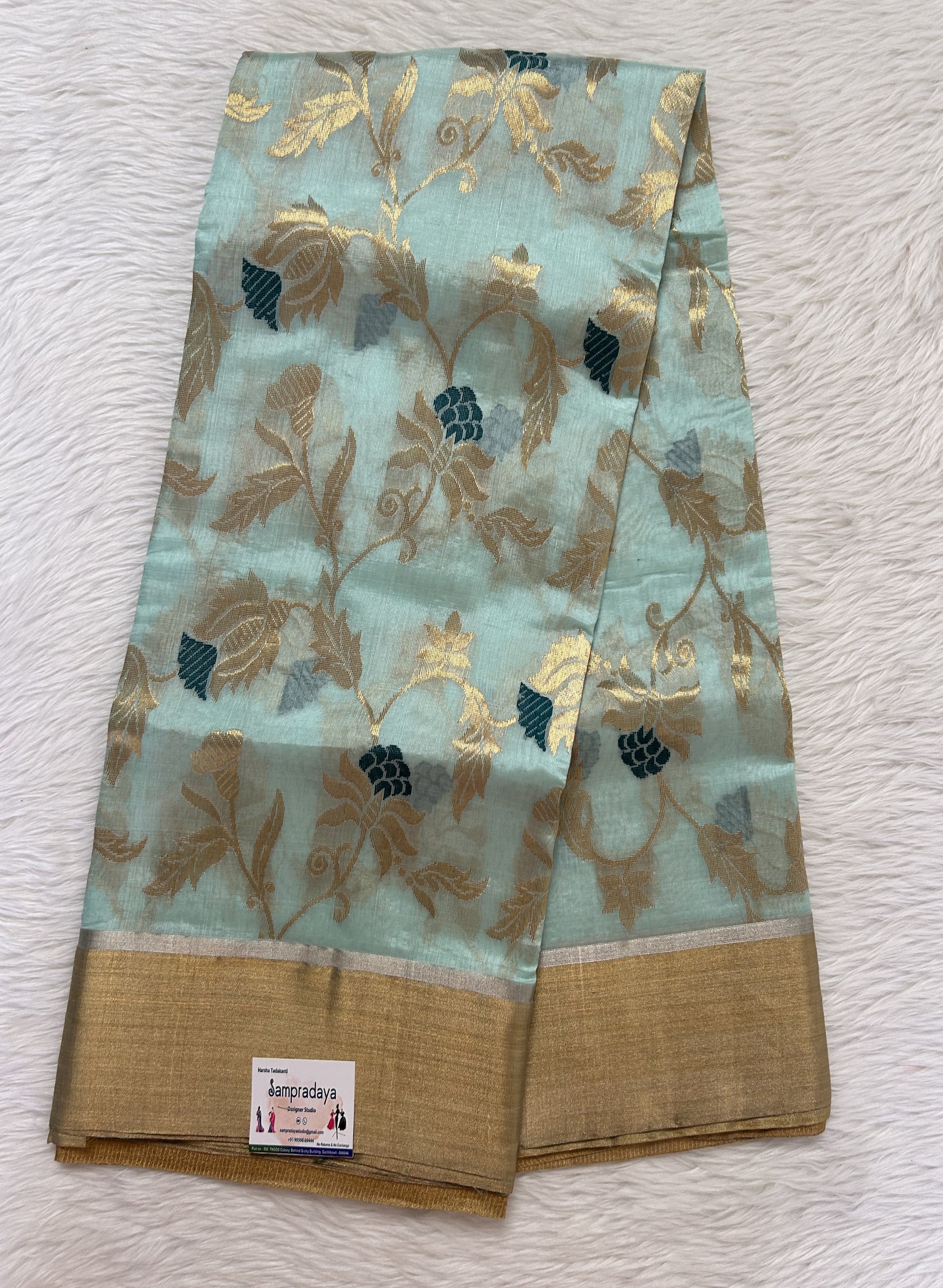Chanderi Pattu Saree Pastel Blue colored saree complemented with a Gold Zari border - Sampradaya Designer Studio