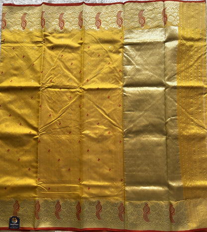 Chanderi Silk Saree Gold color Elegantly Paired with a Silver Zari Border