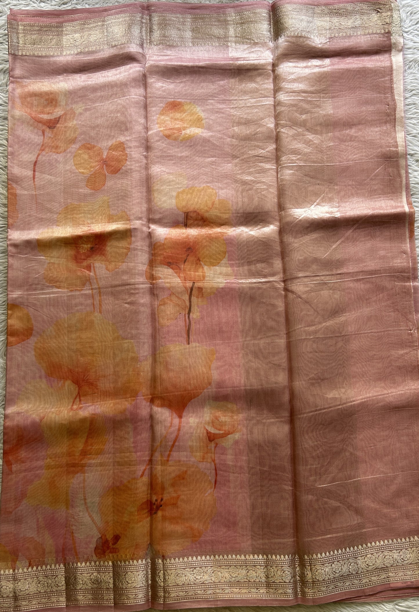 Banarasi Tissue Kora Saree Pastel Pink Colored Complemented with a Zari Border. - Sampradaya Designer Studio