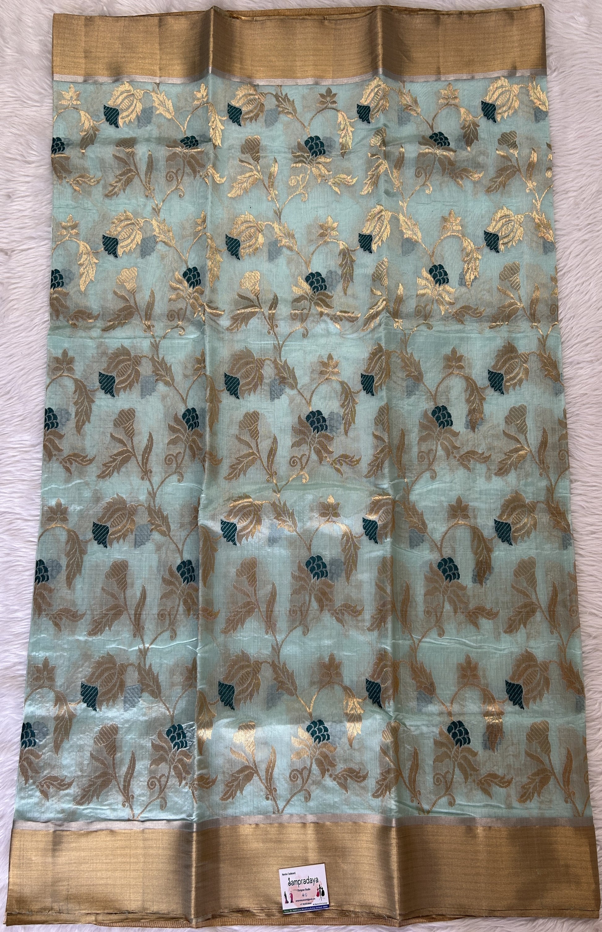 Chanderi Pattu Saree Pastel Blue colored saree complemented with a Gold Zari border - Sampradaya Designer Studio