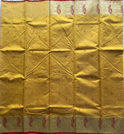 Chanderi Silk Saree Gold color Elegantly Paired with a Silver Zari Border