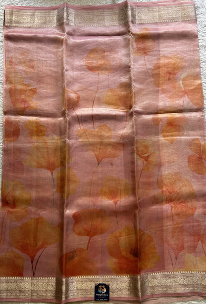 Banarasi Tissue Kora Saree Pastel Pink Colored Complemented with a Zari Border. - Sampradaya Designer Studio